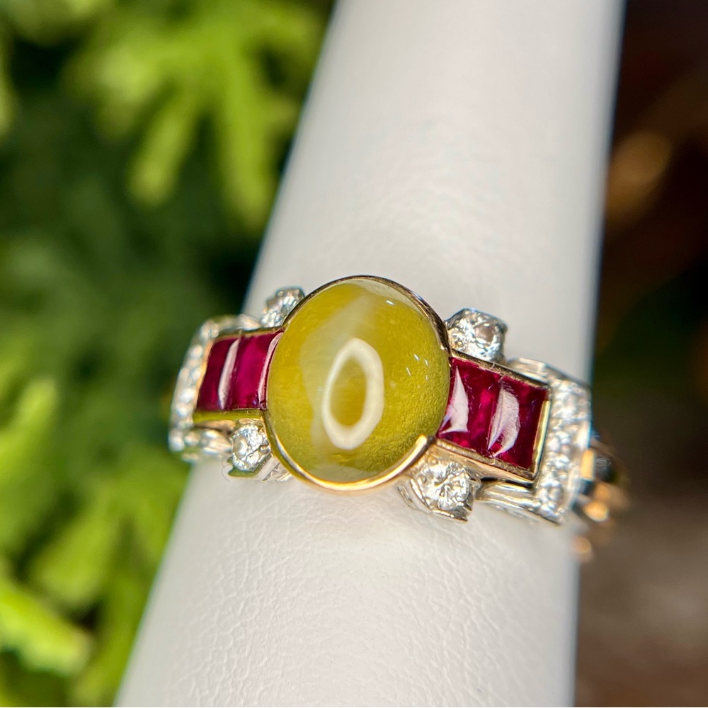Art Deco Cat's Eye Chrysoberyl Ruby Diamond 14k Tri-Gold Chain Ring Antique
